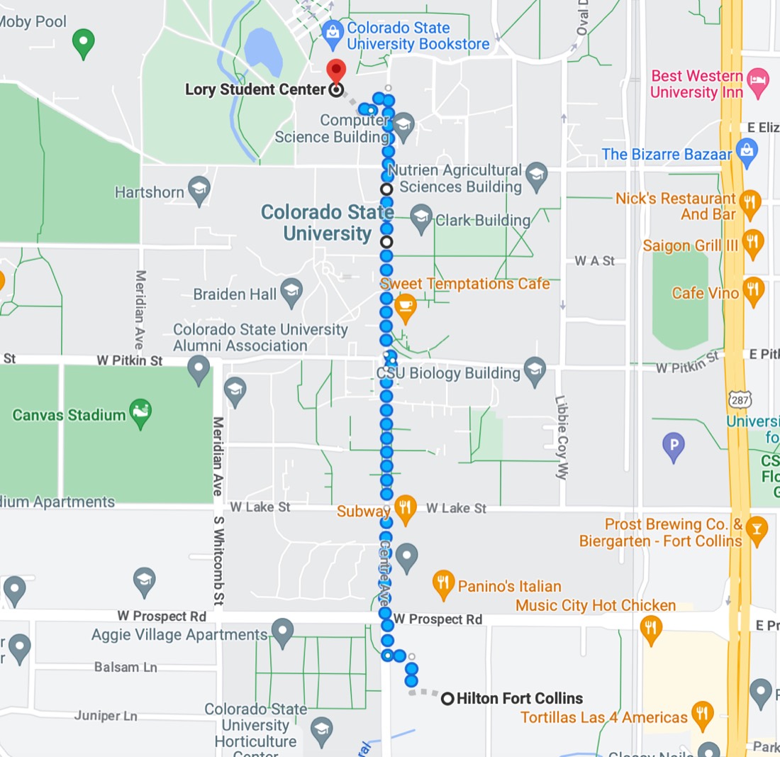 Map showing the walking route north from the Hilton Fort Collins through the Colorado State University campus to the Lory Student Center.